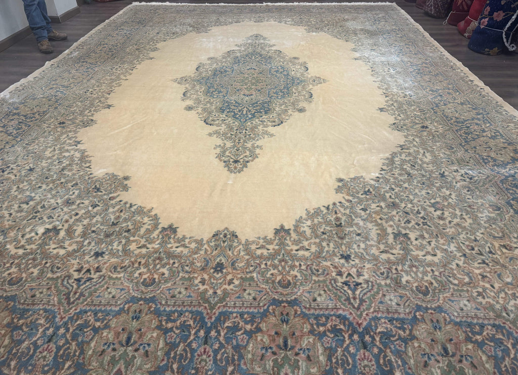 Palace Size Persian Kerman Rug 12x18, Floral Semi Open Field, Signed, Fine 240 KPSI