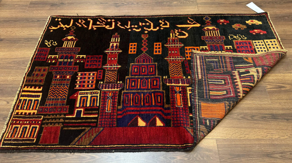 Balouch Rug 3x5, City Pictorial, Afghan Rug