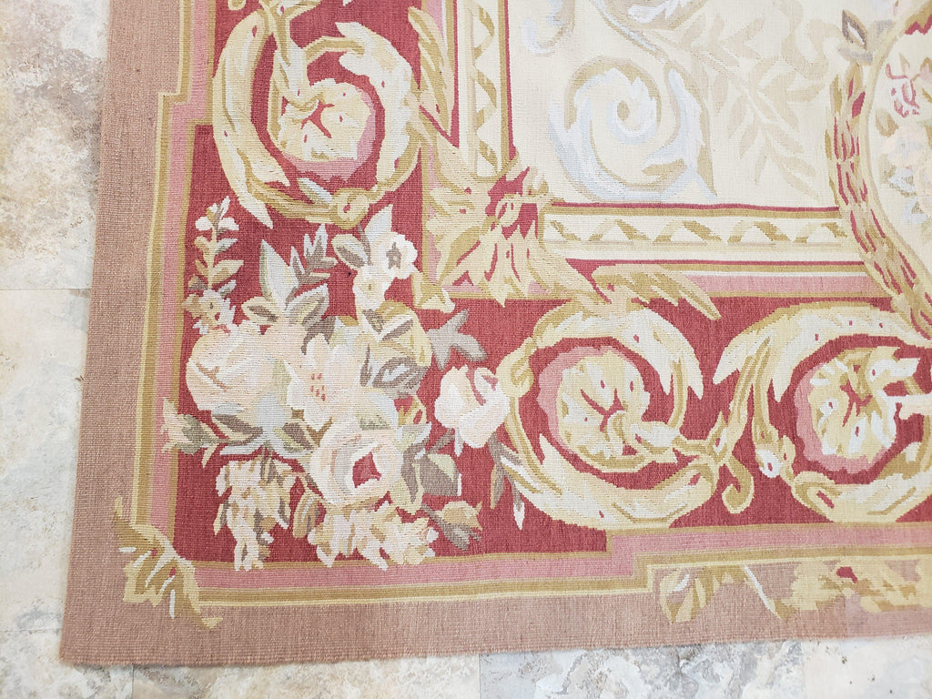 Aubusson Rug 6x9, Elegant Flatweave Rug, Aubusson Savonnerie 6 x 9 Flatweave Area Rug, Cream and Red, Wool Hand Woven Carpet, Medium Size