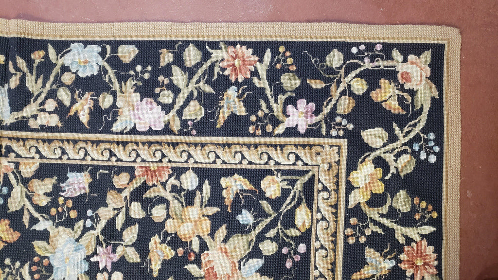 6x9 Vintage Needlepoint Rug, Petitepoint Carpet, Butterflies Floral Design