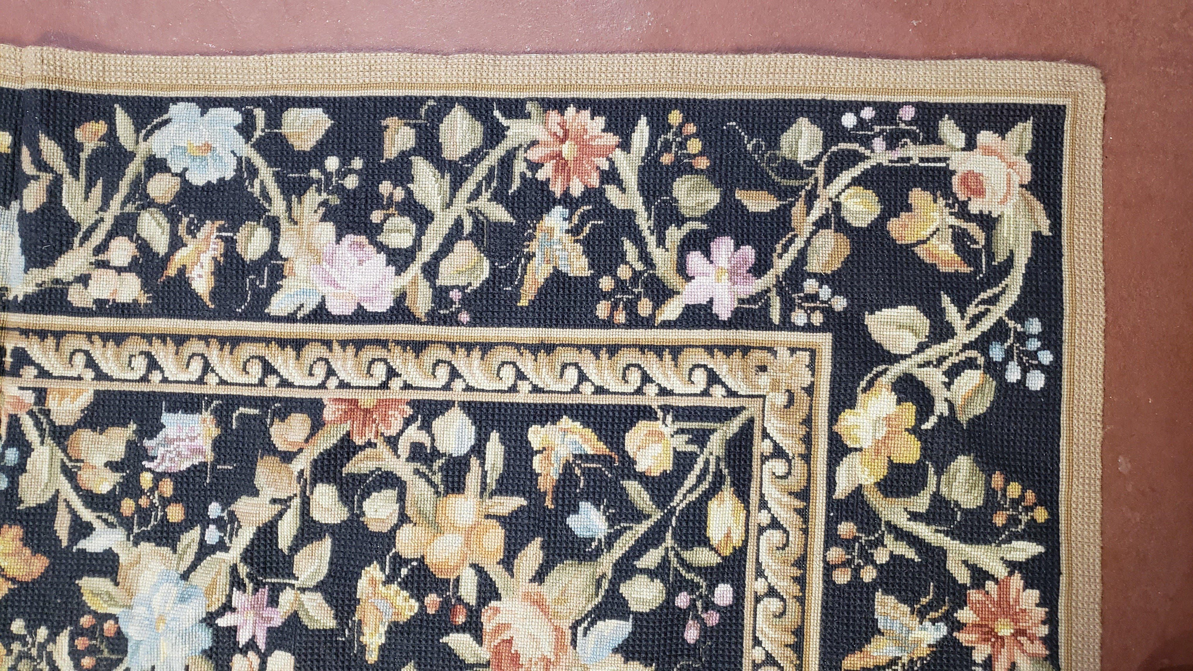 6x9 Vintage Needlepoint Rug, Petitepoint Carpet, Butterflies Floral Design