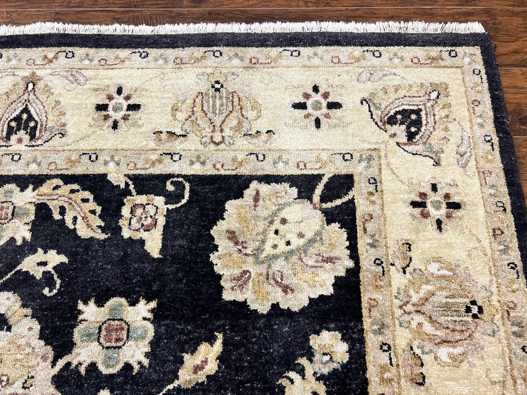 Indo Mahal Rug 8x10, Black and Beige, Vintage Rug 8 x 10 ft, Floral, Handmade Wool Carpet