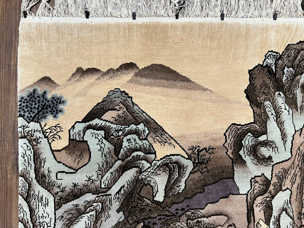 Silk Chinese Wall Hanging Rug 3x6 ft Tapestry, Pagoda Scene, Pictorial, High Quality Fine Hand Knotted Vintage, Asian Oriental Handmade Nice