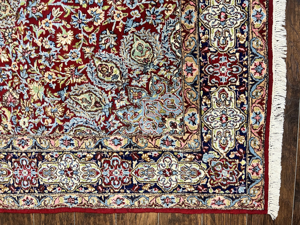 Persian Kirman Rug 7x10, Hand Knotted Wool Floral Medallion Carpet, Dark Red