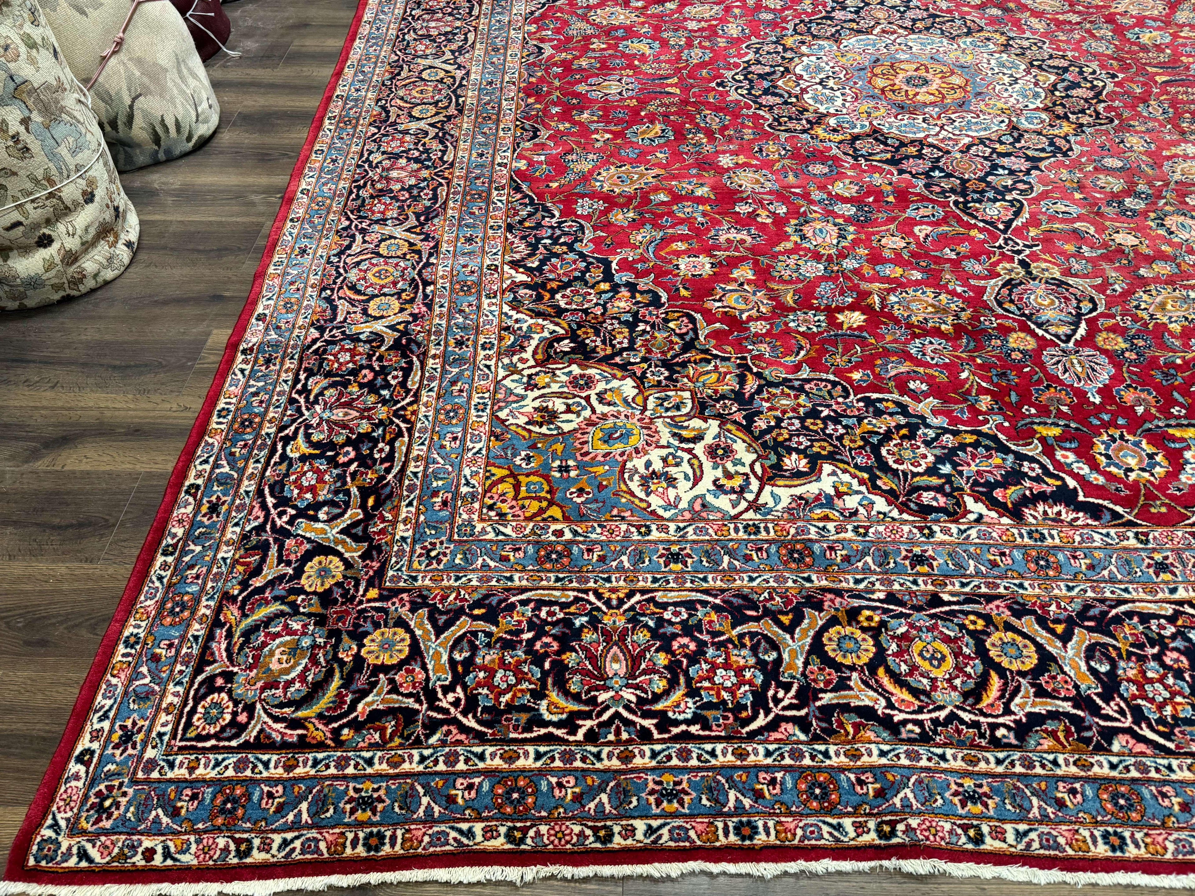 Large Persian Kashan Rug 11x14, Traditional Persian Carpet, Wool, Fine 250 KPSI, Red Navy Blue