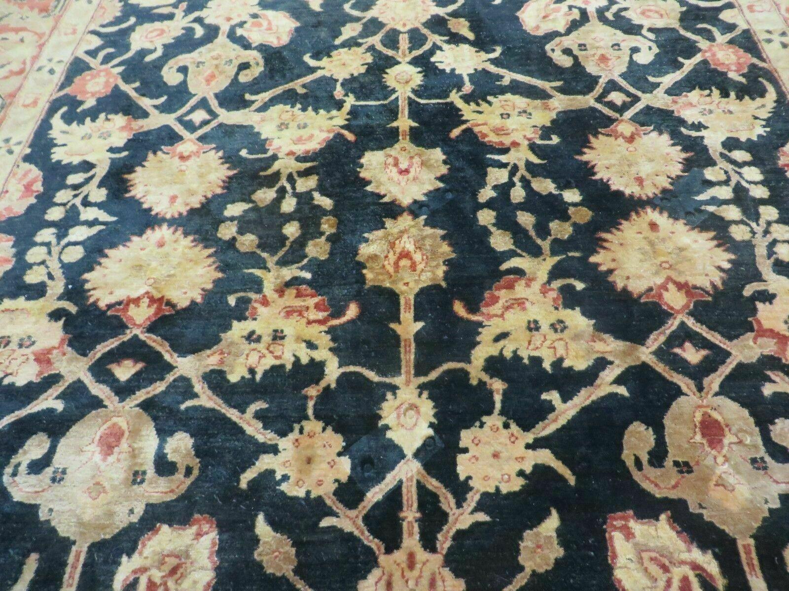 8' X 9' Handmade Pakistan Wool Cotton Rug Peshawar Black Floral Nice # 200C
