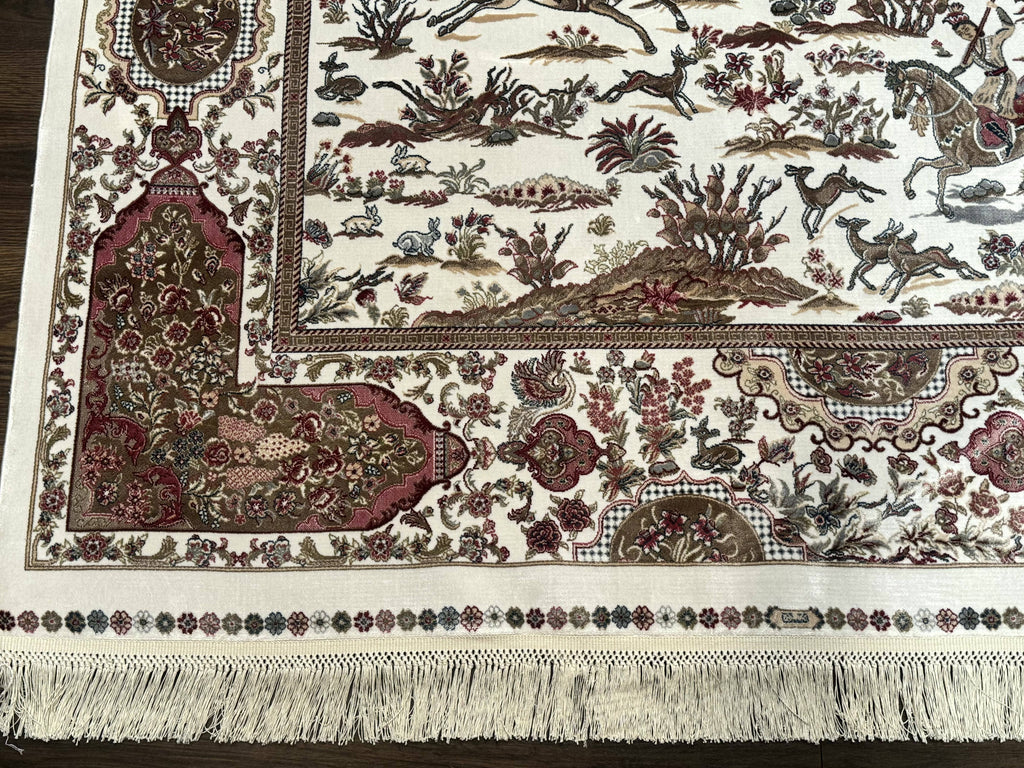 Turkish Silk Rug 5x8, Ivory, Hunting Design, Animal Pictorials, Bamboo Silk