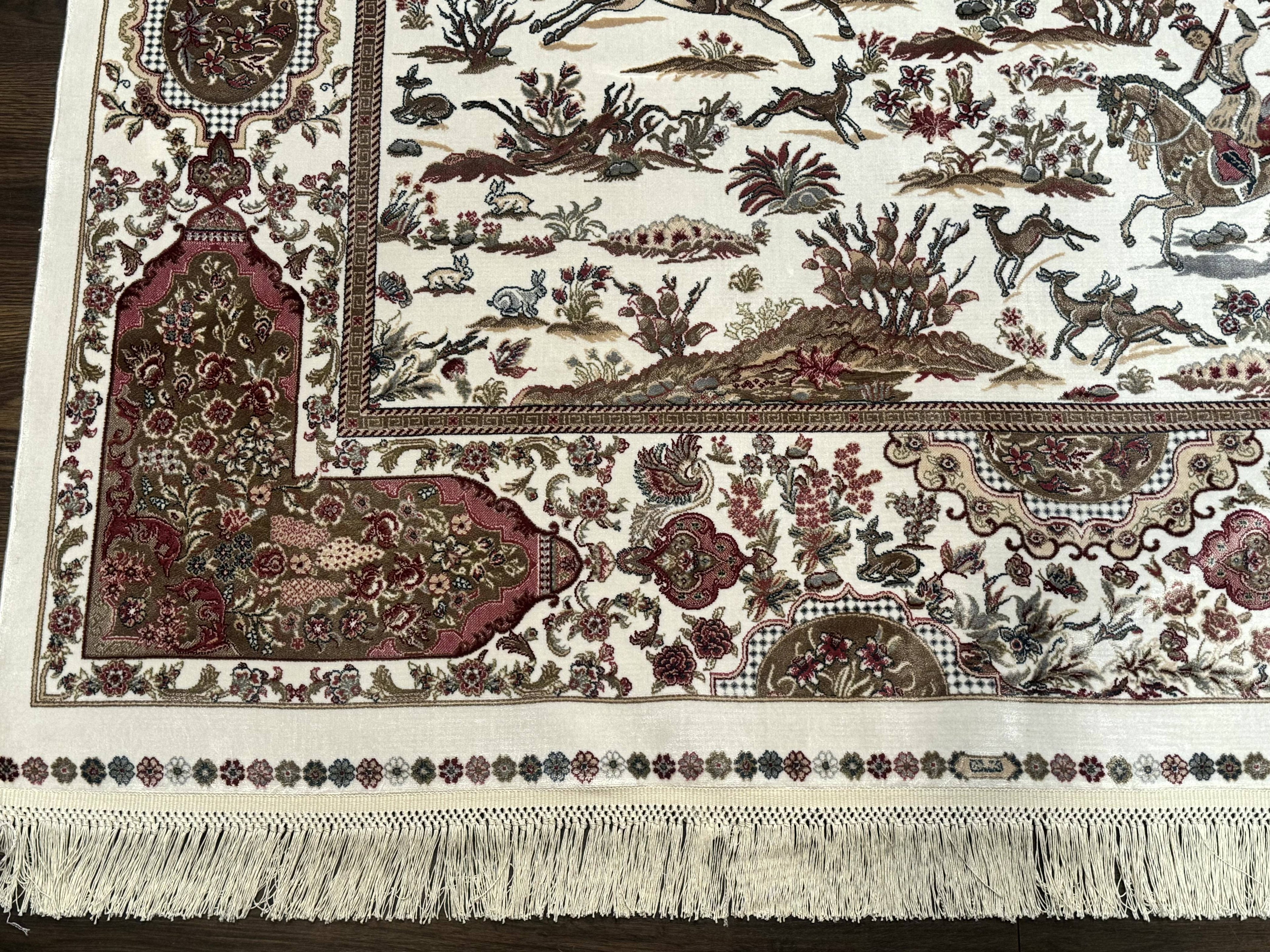 Turkish Silk Rug 5x8, Ivory, Hunting Design, Animal Pictorials, Bamboo Silk