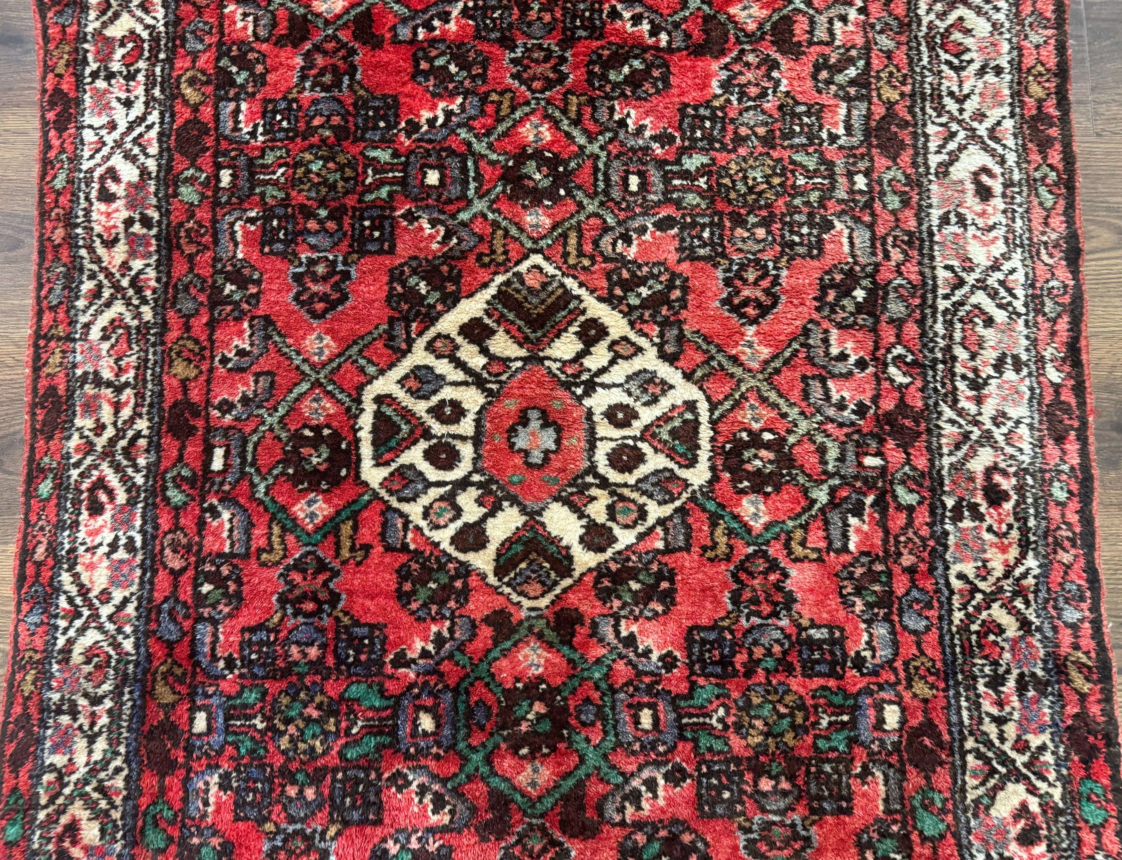 Persian Runner Rug 3x10, Wool Hand Knotted Hallway Rug 3 x 10 ft, Red and Ivory, Hamadan Angelas Runner