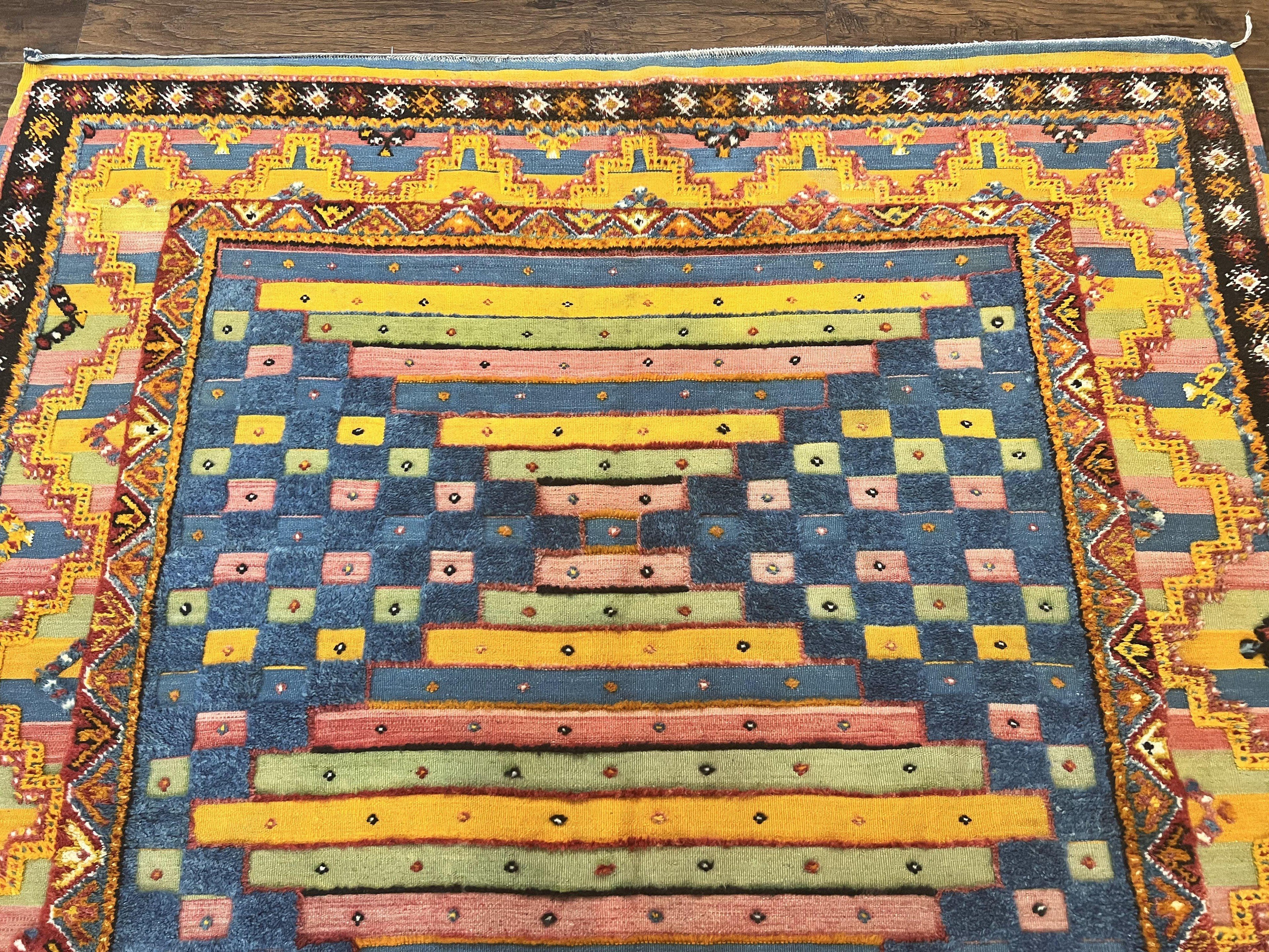 Colorful Moroccan Rug 7x8, Abstract Design, Wool Multicolor Handmade Vintage Carpet, Tribal Rug, Berber Rug