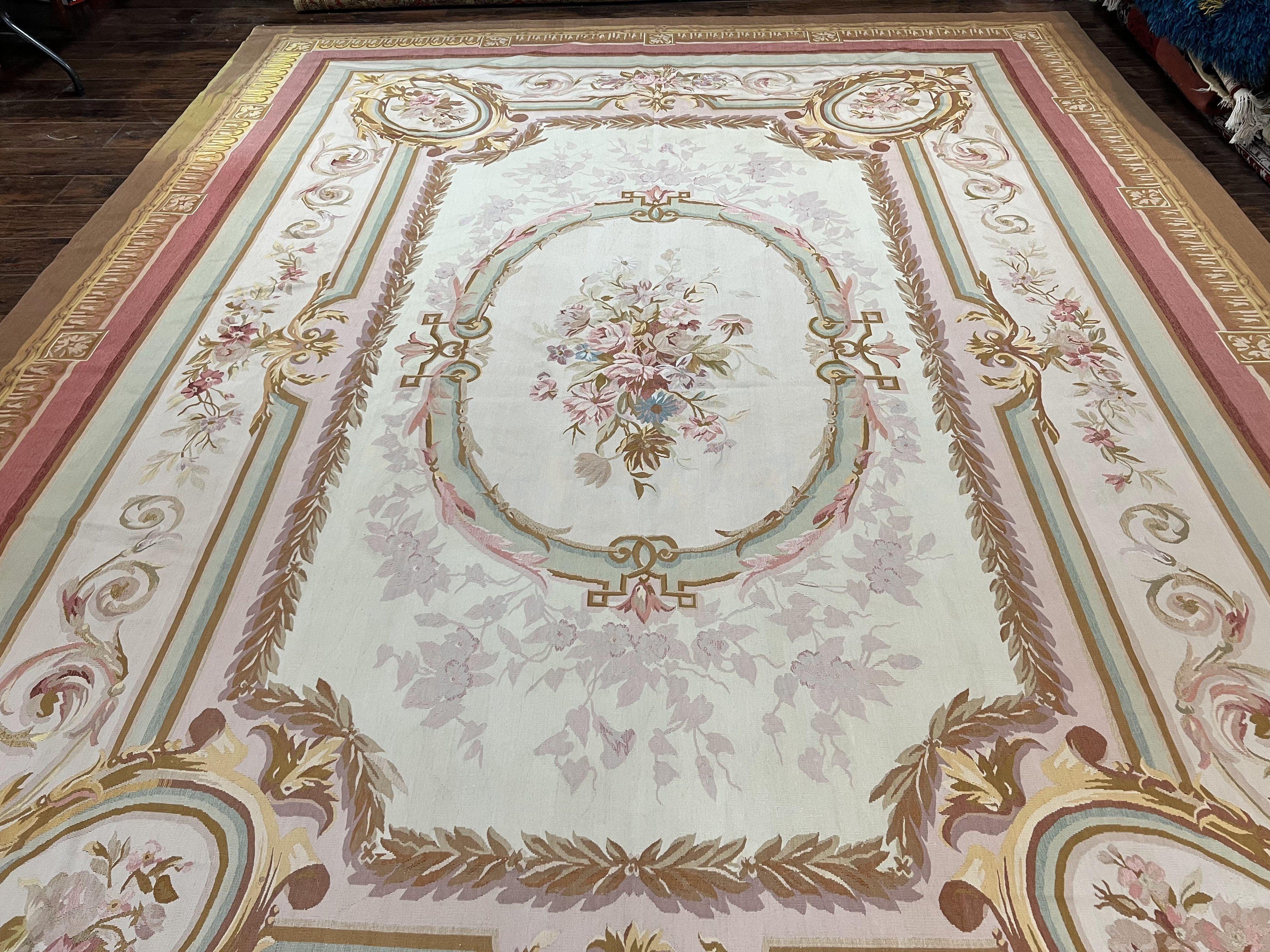 Large Aubusson Rug 11x15, Oversized Gallery Palace Size Flatweave Savonnerie Carpet 11 x 15 ft, Wool Handmade Vintage Elegant European
