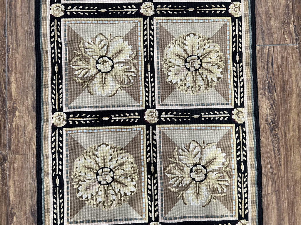 Needlepoint Runner Rug 3x8 Panel Design Rug, Flatweave Runner Rug, English Design, Floral, Short Runner Rug, Black and Beige Wool Hand-Woven