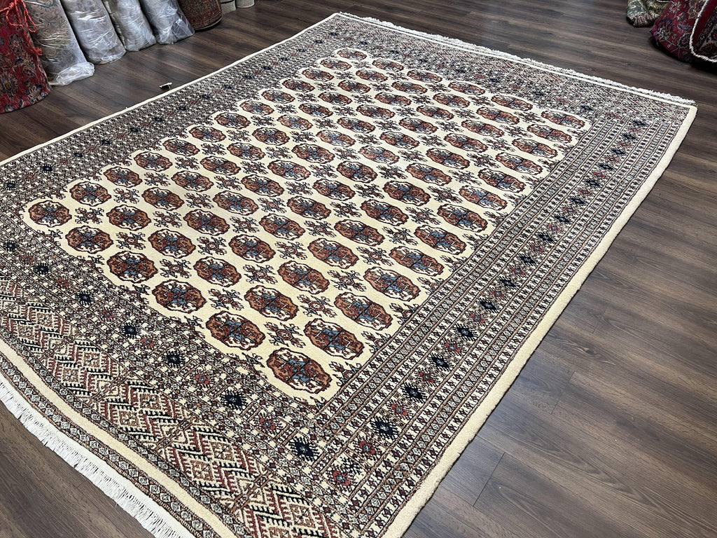 Pakistani Bokhara Rug 8x10, Wool Turkoman Carpet, Ivory/Cream