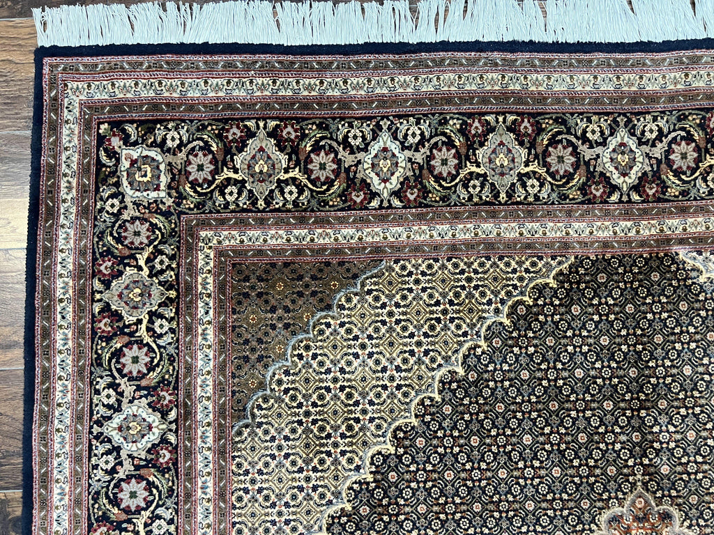 Persian Tabriz Rug 7x10, Very Fine 330 KPSI 50 Raj, Black and Beige, Handmade Wool Vintage Persian Carpet