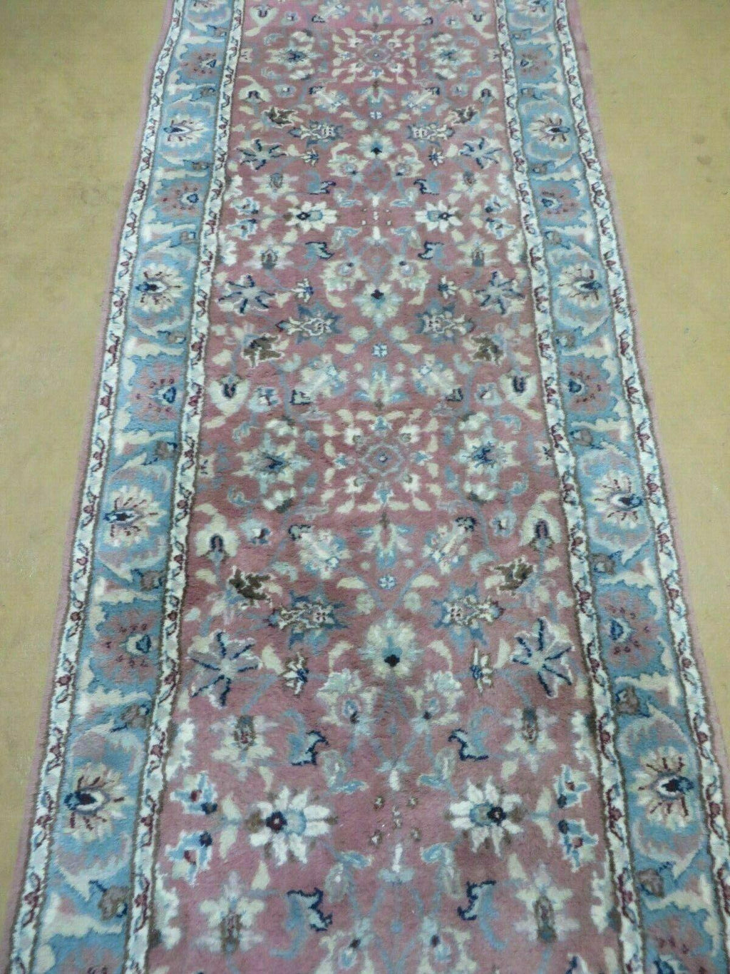 Indo Persian Runner Rug 2.8 x 12, Wool Hand Knotted, Pink and Light Blue