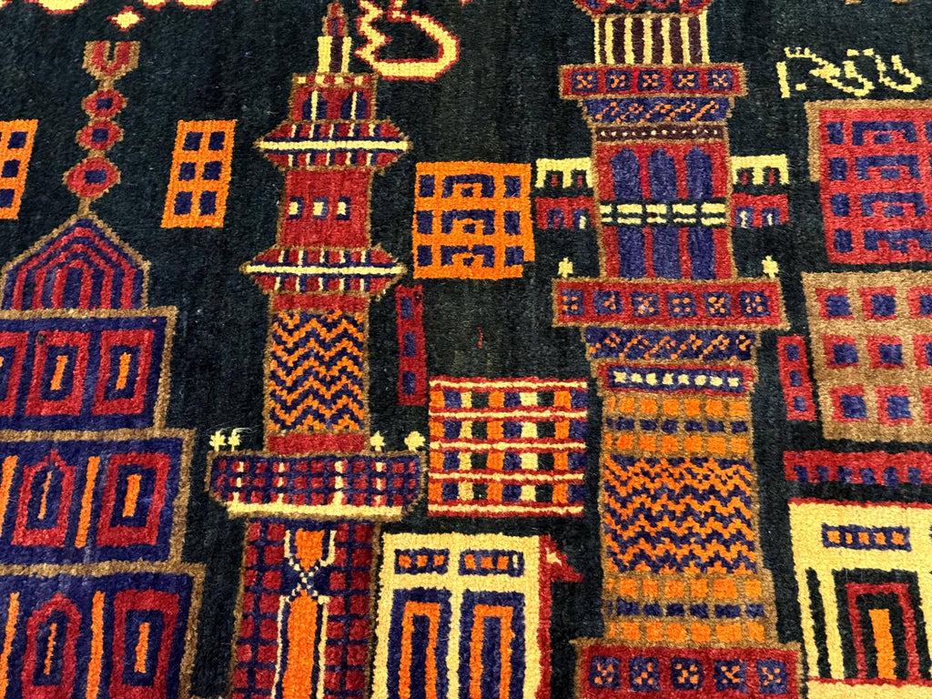 Balouch Rug 3x5, City Pictorial, Afghan Rug