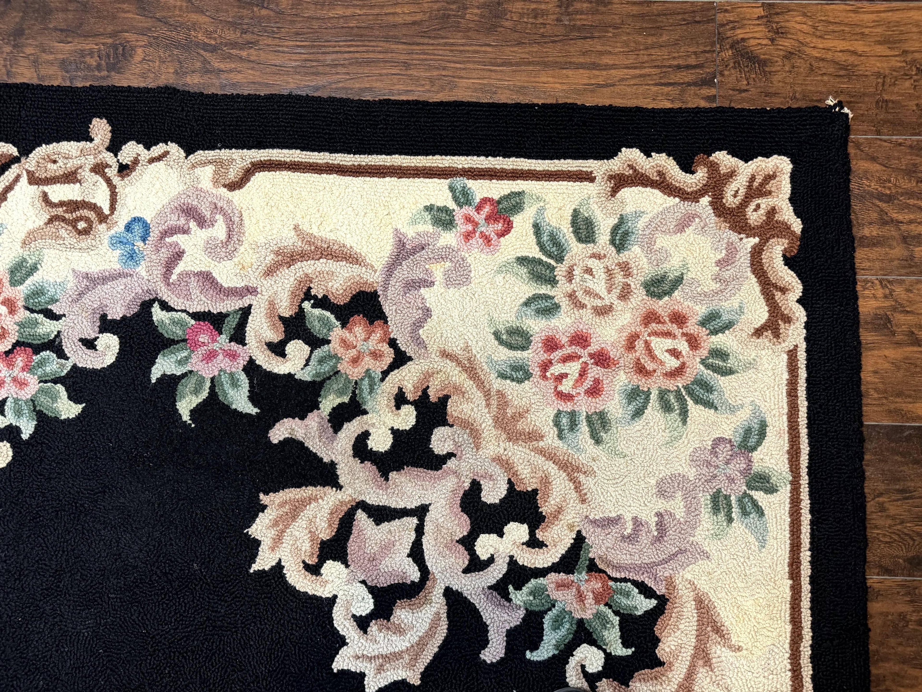 Aubusson Rug 8x11, Black and Ivory, Hooked Rug, Vintage, Wool