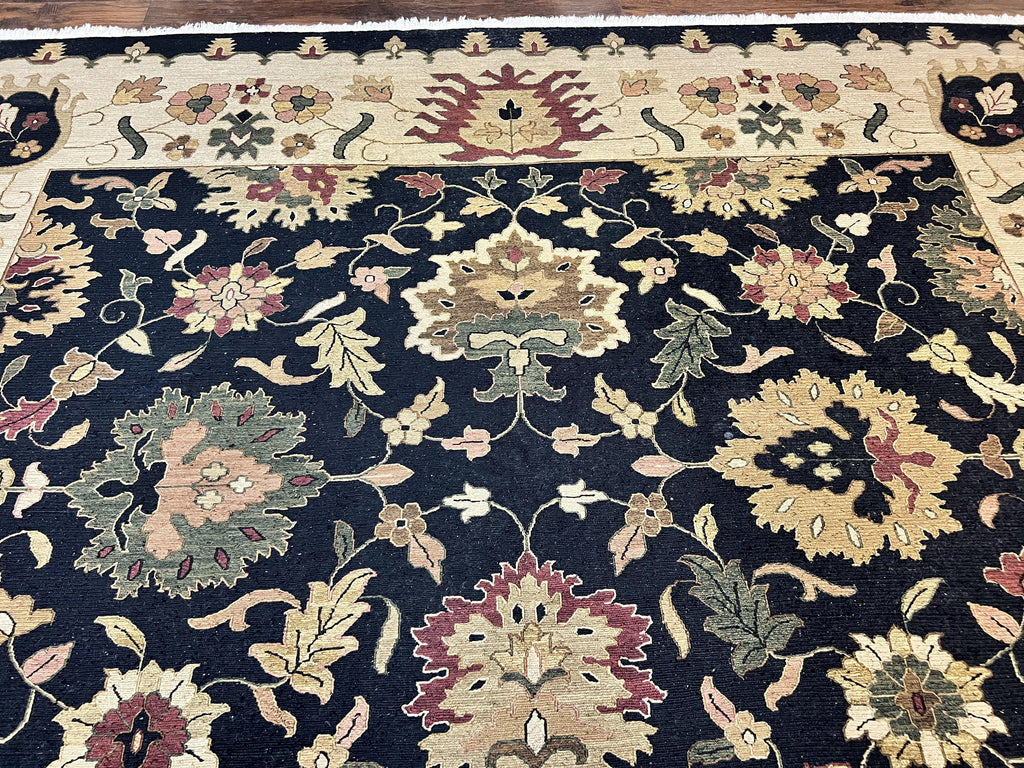 Indo Persian Rug 10x14, Wool Handmade Room Sized Floral Oriental Carpet, Indian Mahal Flatweave Rug, Black Beige