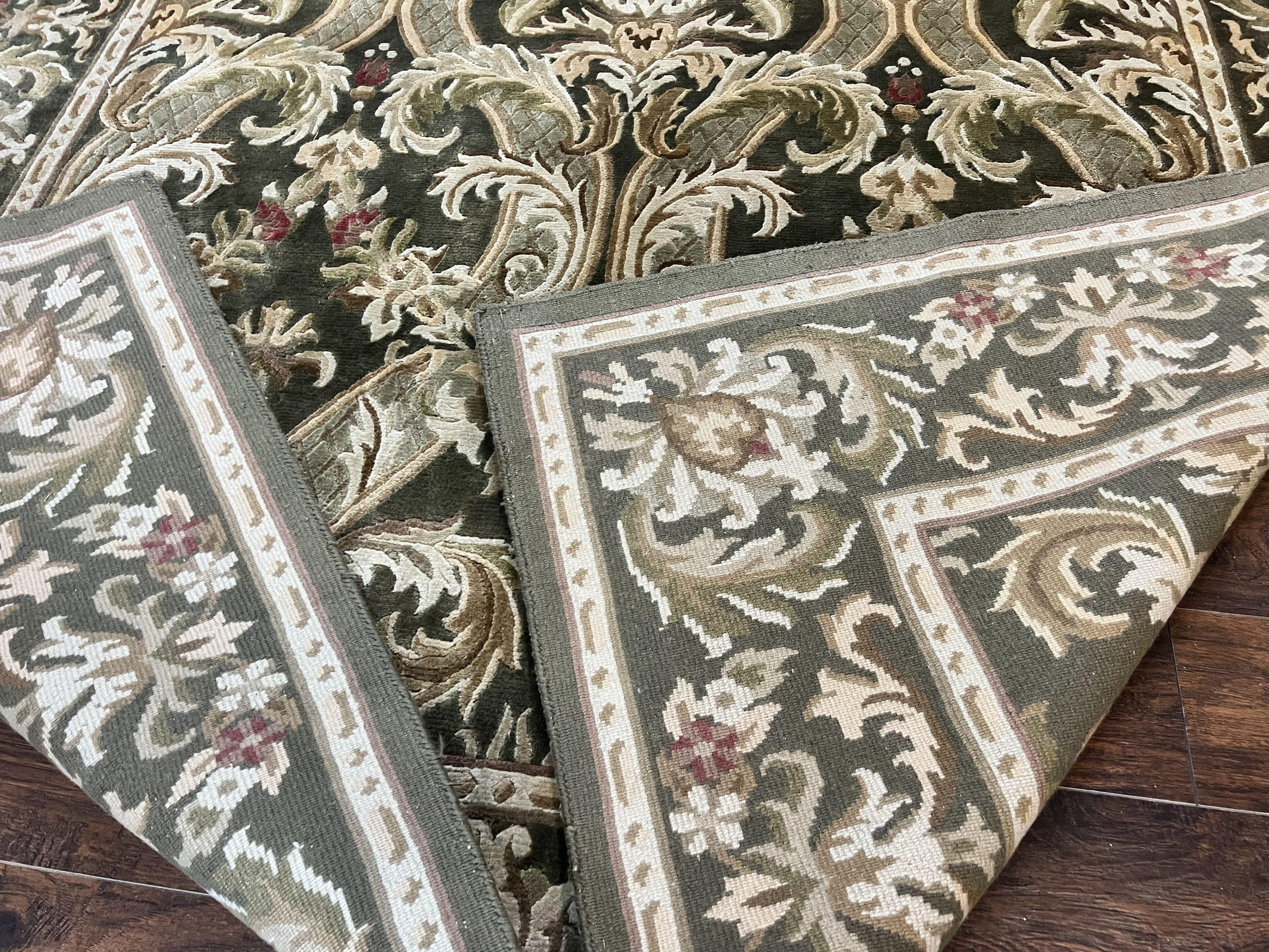 Tibetan Rug 8x10, European Design, Floral, Green, Handmade, Wool, Nepali Rug