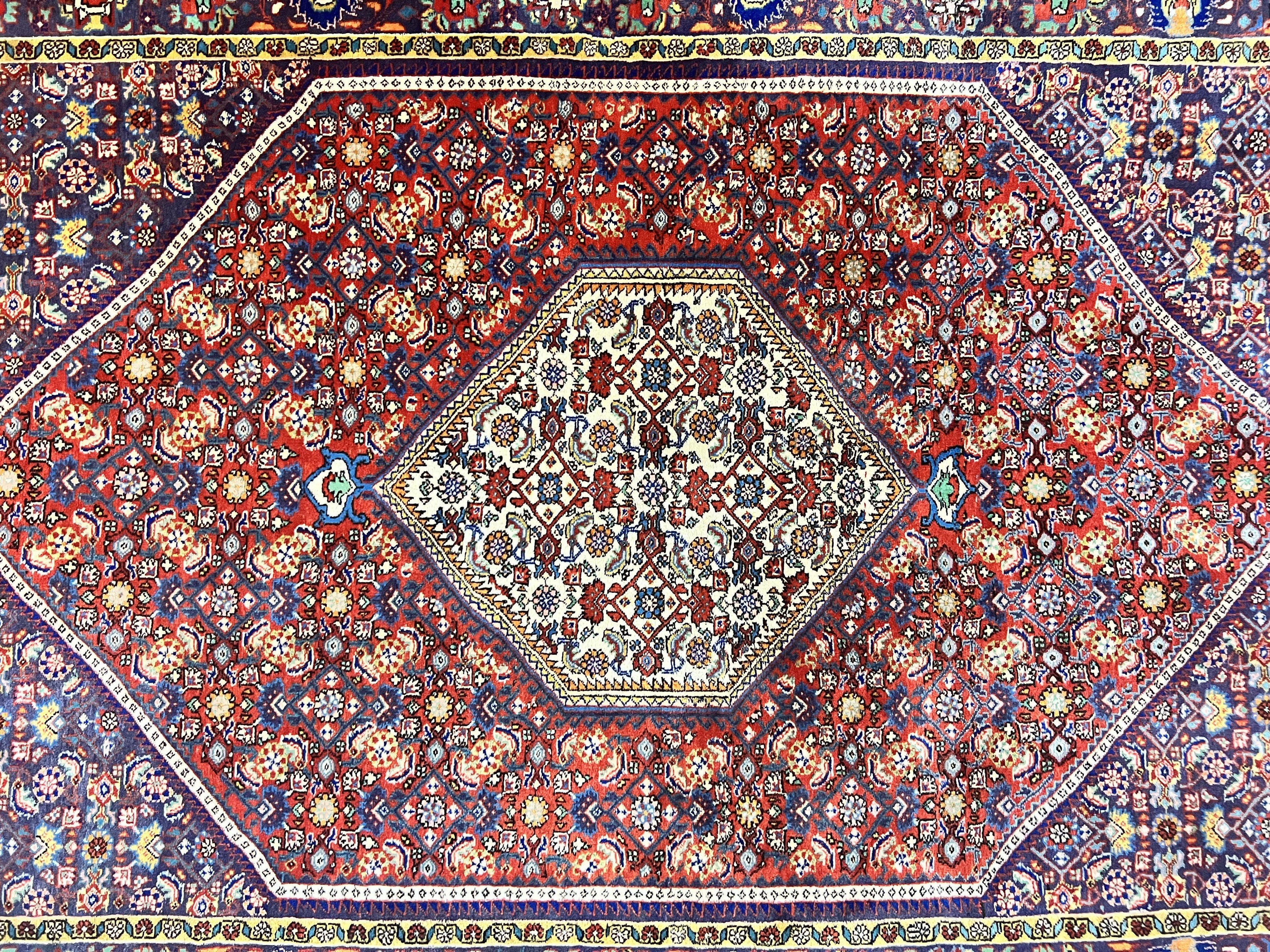 Persian Bidjar Rug 4x6, Handmade Oriental Carpet, Fine Weave, Herati Mahi Pattern, Vintage, Red, 300 KPSI