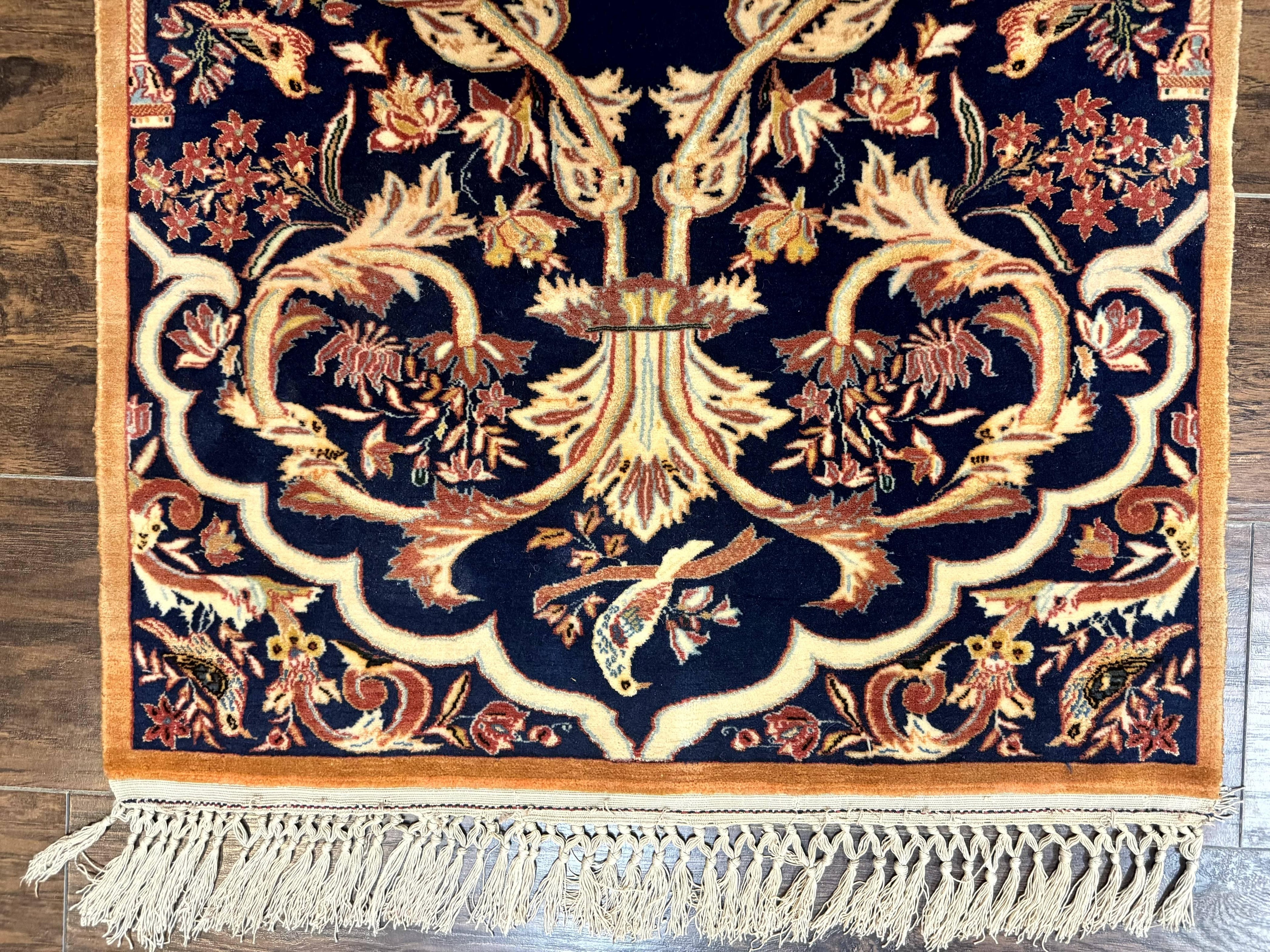 Persian Isfahan Rug 2x4, Birds, Navy Blue, Kork Wool on Silk Foundation, 460 KPSI