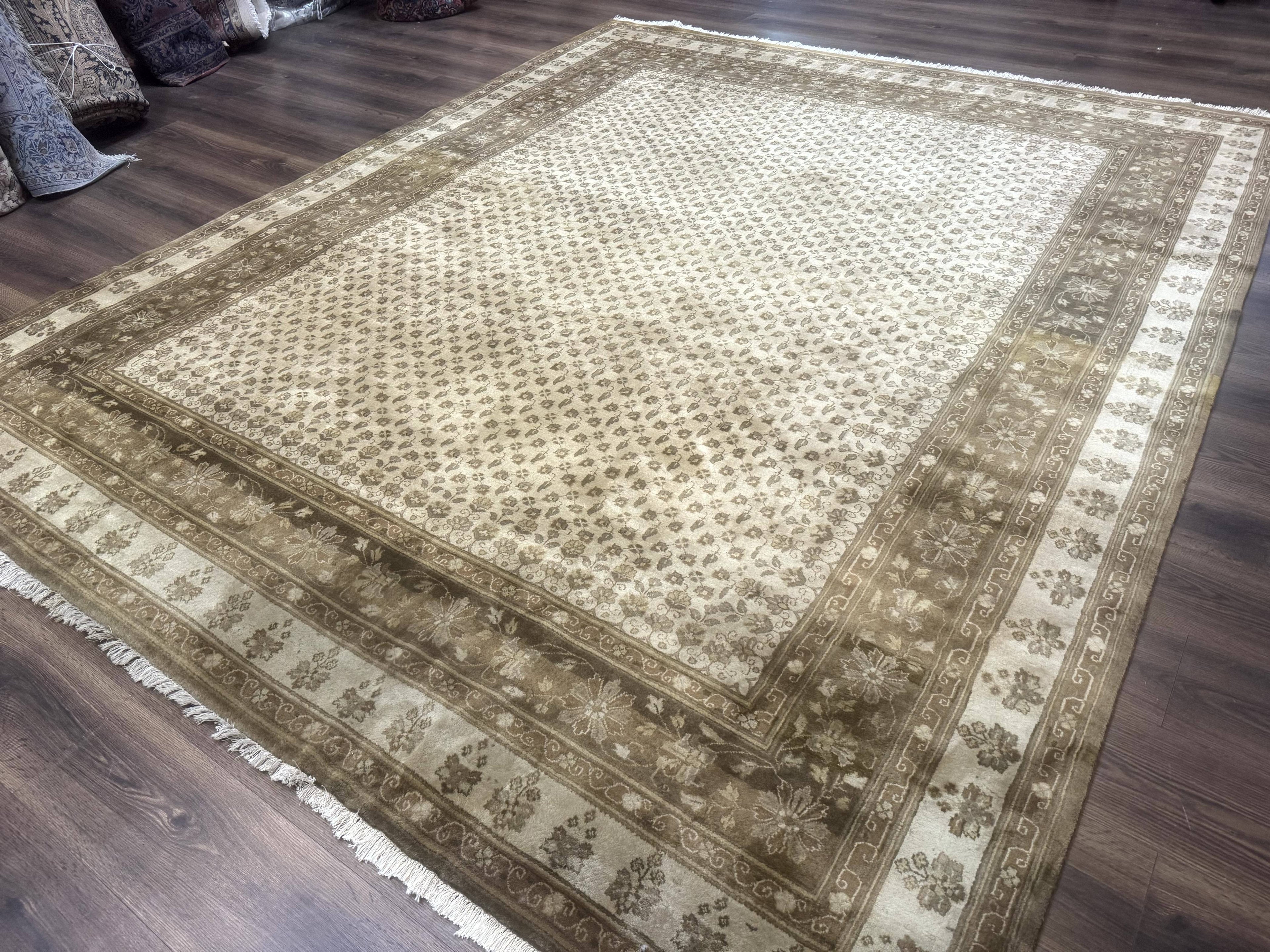 Indo Persian Rug 8x10, Allover Pattern, Beige, Wool Handmade Carpet