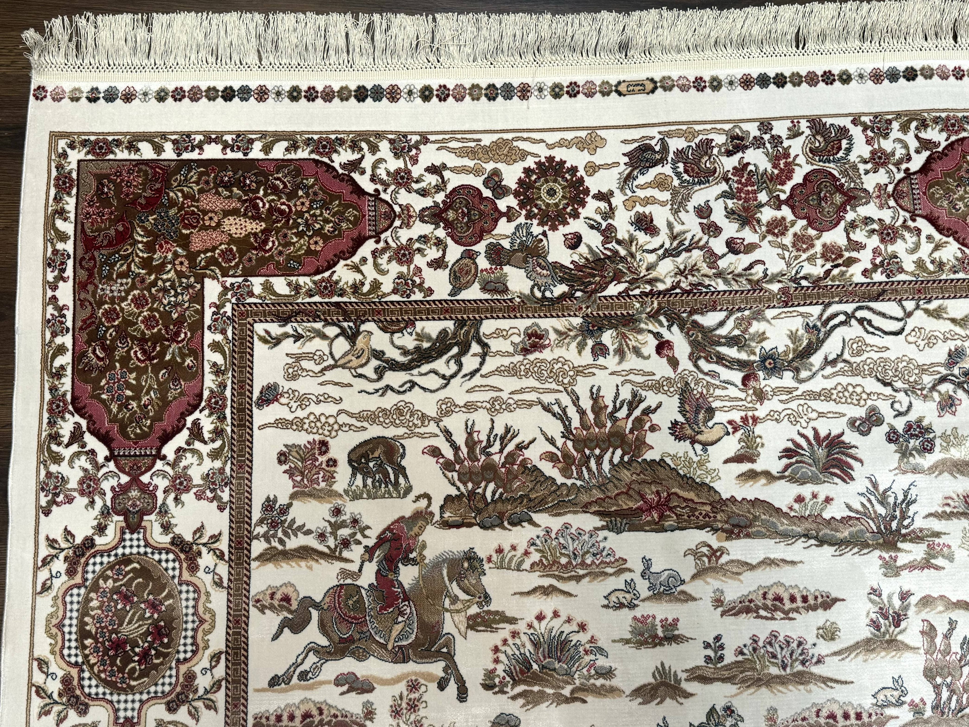 Turkish Silk Rug 5x8, Ivory, Hunting Design, Animal Pictorials, Bamboo Silk