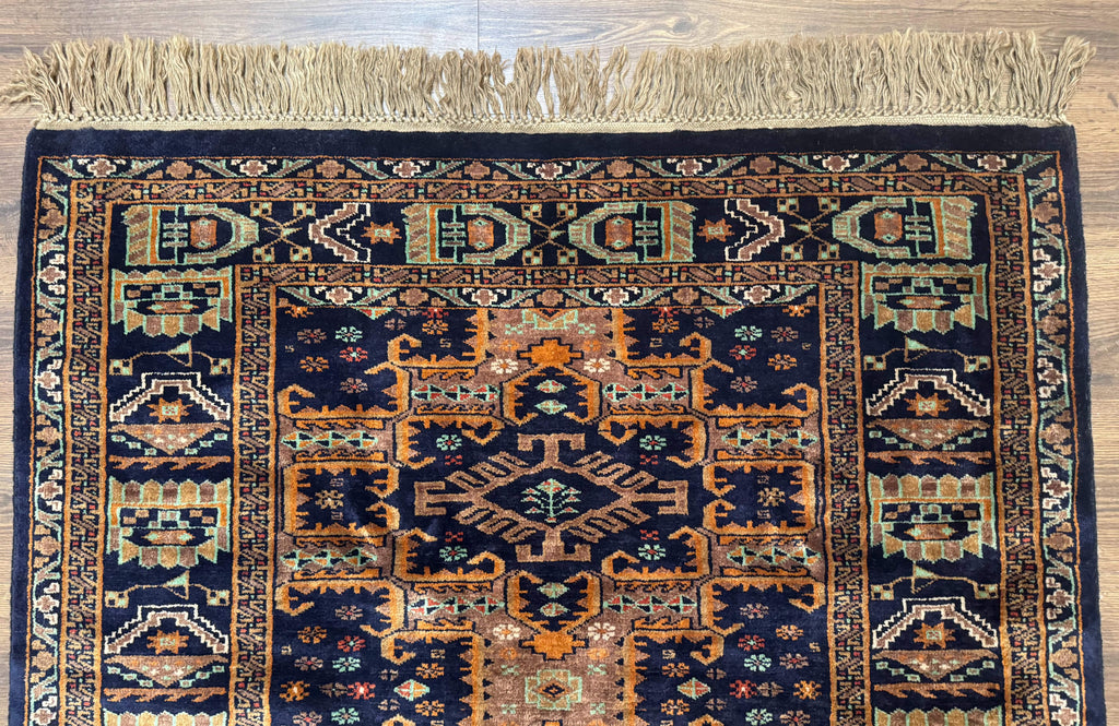 Vintage Afghan Rug 4x6, Navy Blue and Light Brown, Geometric Medallions, Wool on Wool, Tribal Rug