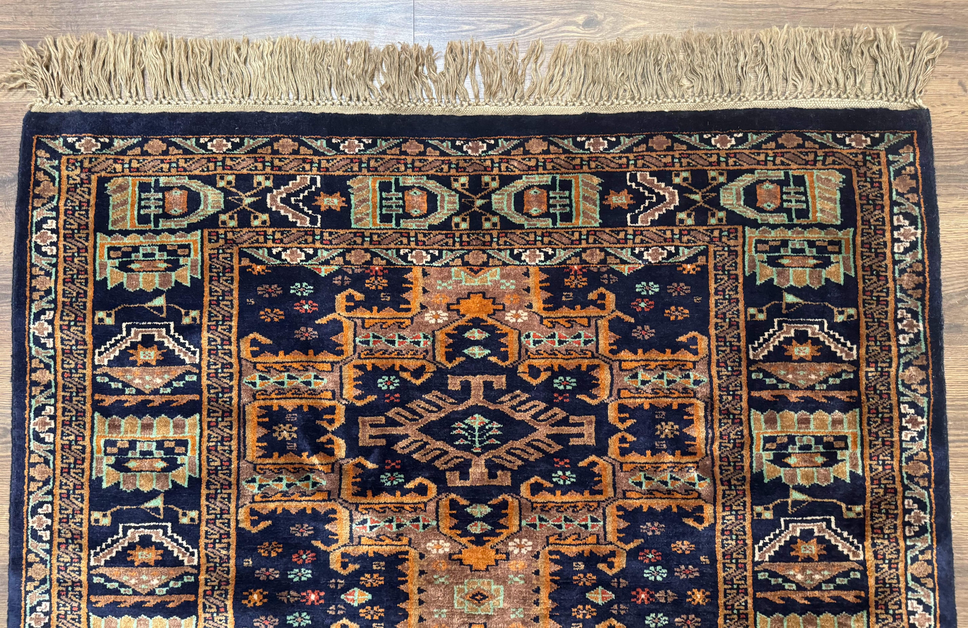 Vintage Afghan Rug 4x6, Navy Blue and Light Brown, Geometric Medallions, Wool on Wool, Tribal Rug