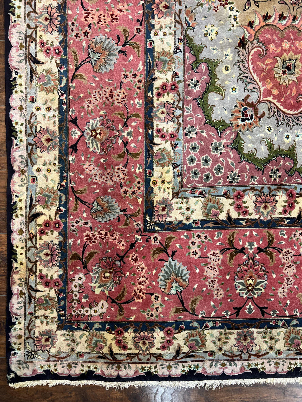 Magnificent Persian Tabriz Rug 11x16, Oversized Persian Carpet 11 x 16 ft, Wool on Silk Finely Hand Knotted, 450 KPSI, Floral Medallion, Black Pink