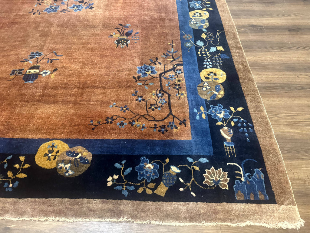 Antique Chinese Wool Rug 9x12, Light Brown and Navy Blue, Fete Peking Art Deco