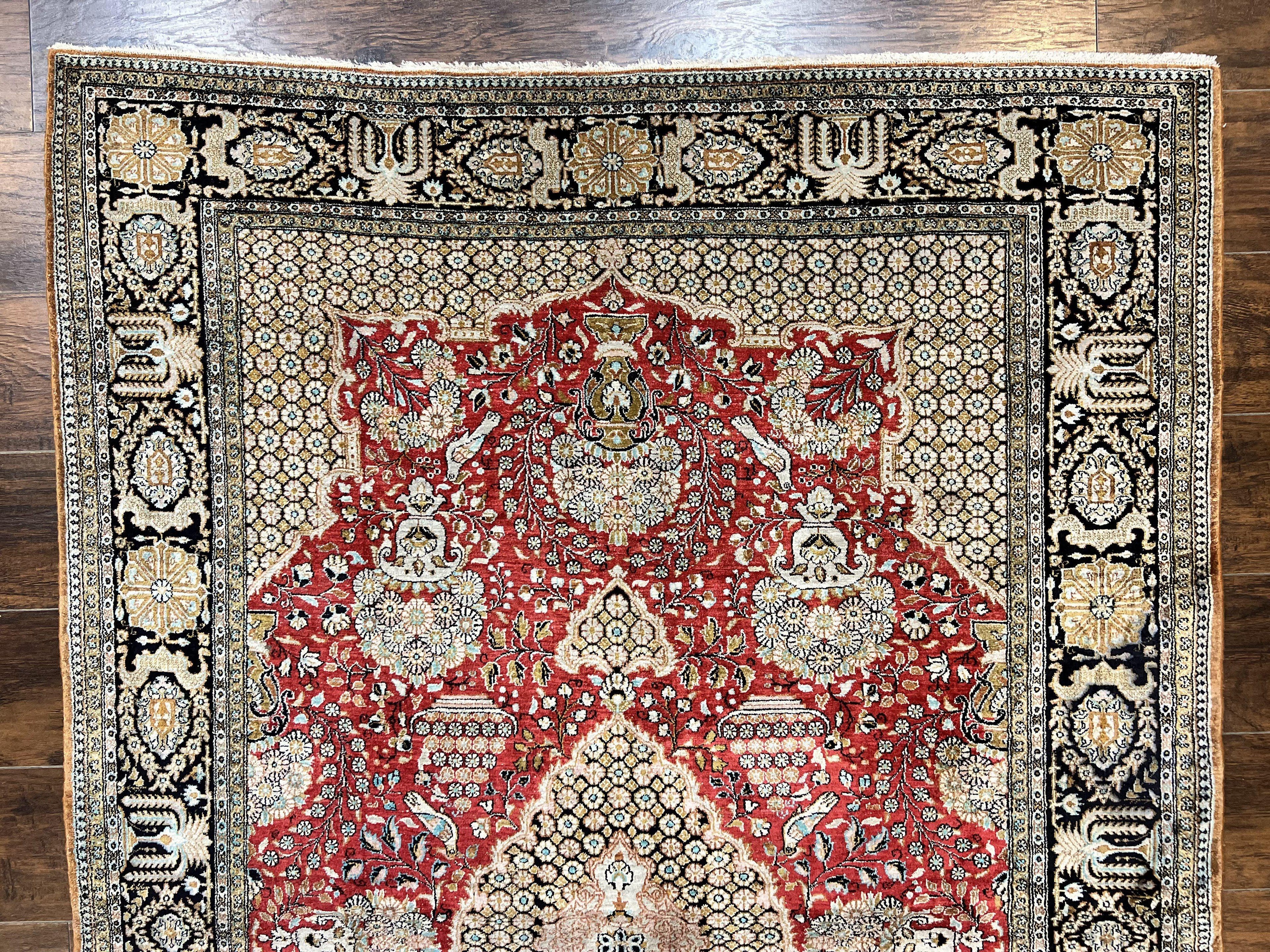 Wonderful Persian Silk Rug 5x7, Birds Floral Vases, Red, Hand Knotted Silk Fine Oriental Carpet, Handmade Vintage, Persian Qum Rug, 400 KPSI