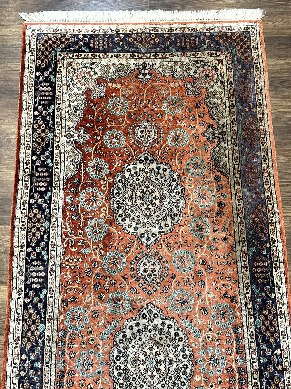 Turkish Silk Runner Rug 3x8, Short Runner Rug, Red, Floral Medallions, Very Fine 360 KPSI, 3 x 8 Runner