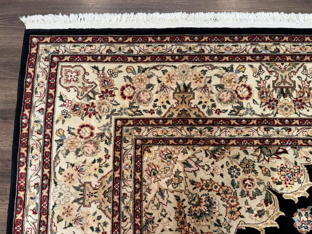 Sino Persian Rug 9x12, Black and Beige, Floral Medallion, Wool & Silk, Handmade