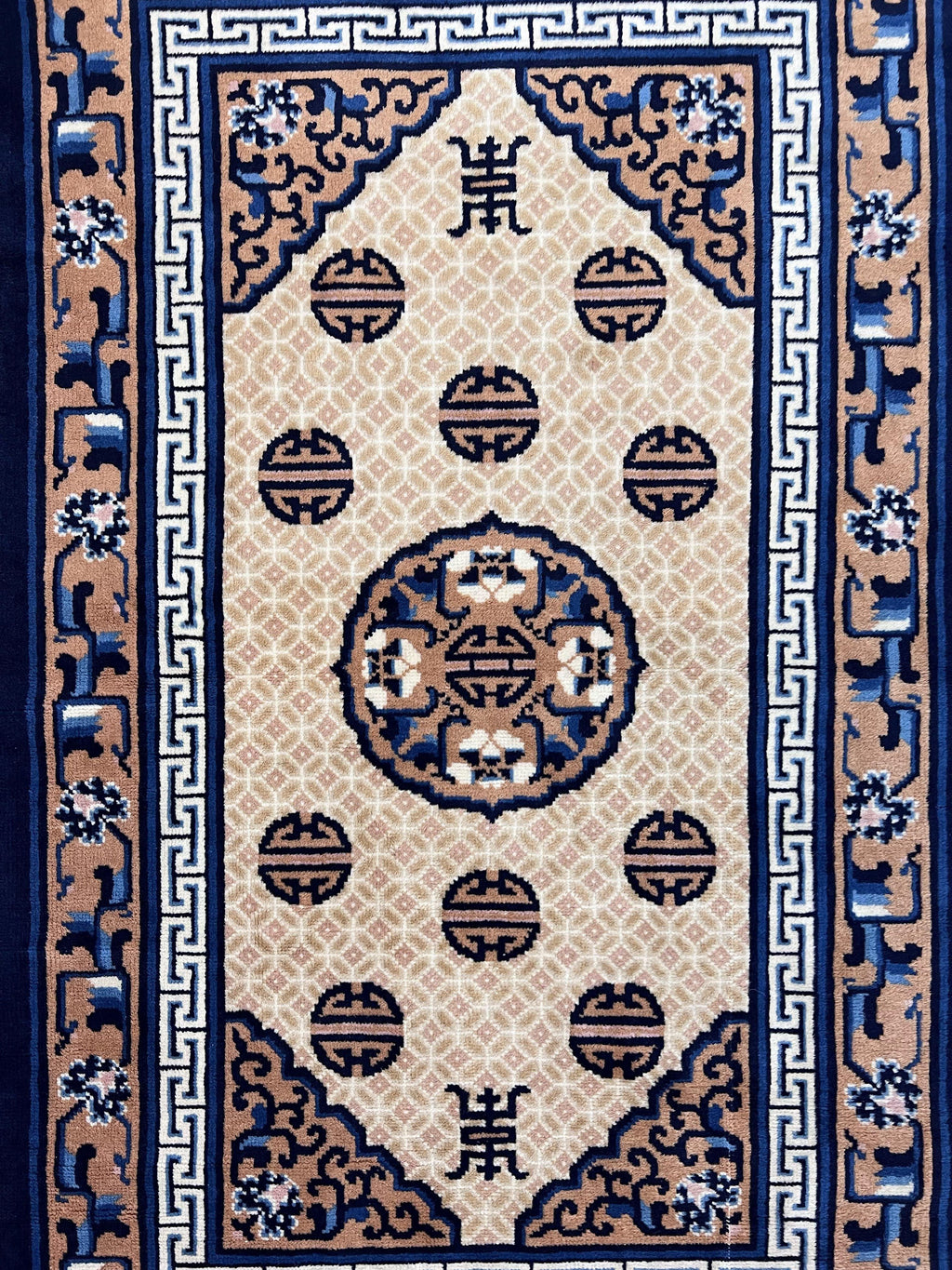 Chinese Peking Rug 3x5, Antique Chinese Art Deco Carpet, Blue Ivory Tan, Hand Knotted Wool Asian Oriental Rug 3 x 5 Vintage Small Peking Rug