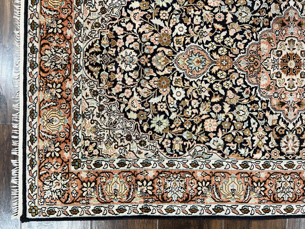 Silk Indian Kashmiri Rug 3x5, Indo Persian Silk on Silk Carpet, Very Fine 350 KPSI, Navy Blue, Handmade, Floral Medallion