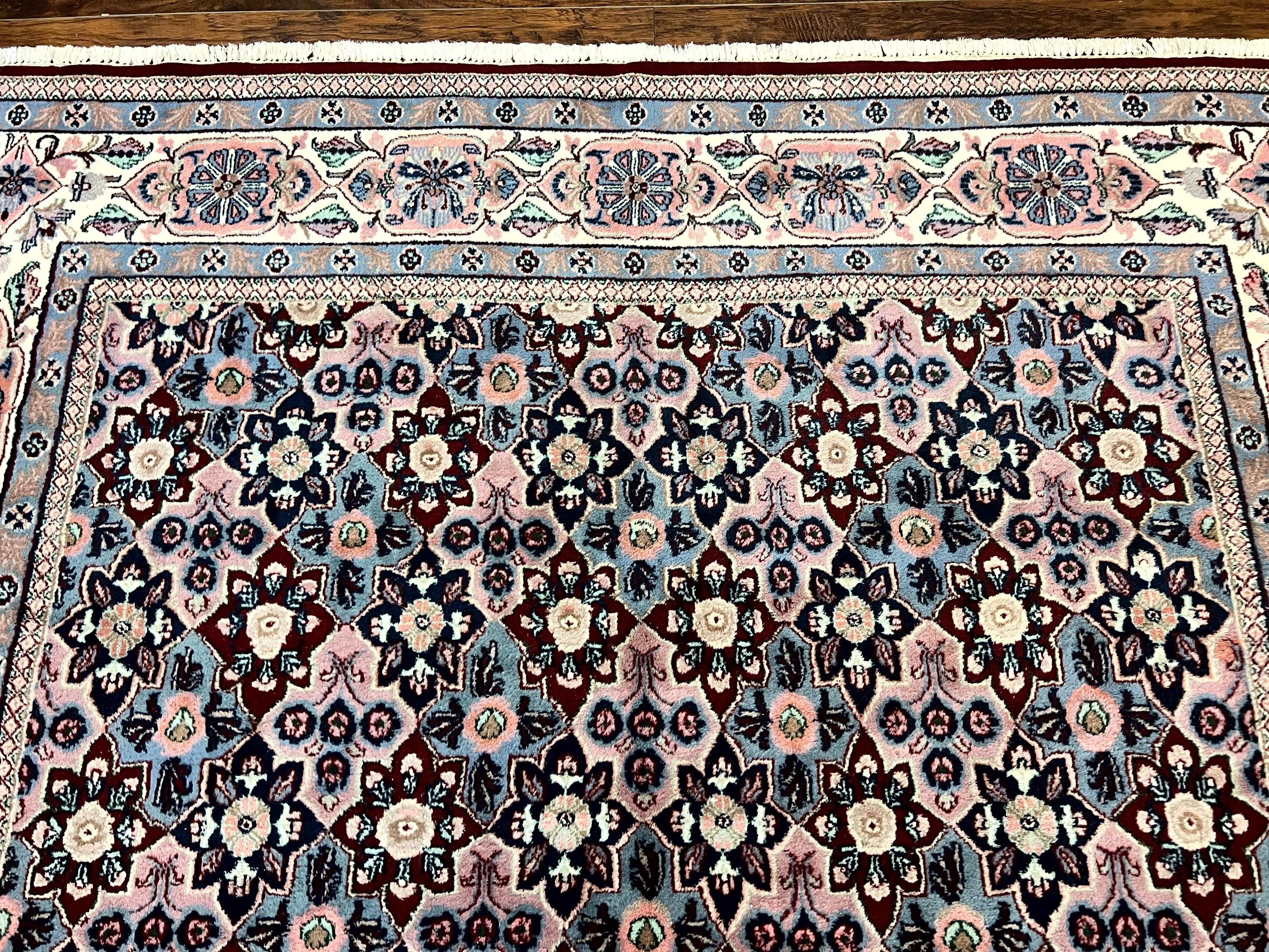 Indo Persian Rug 8x10, Repeated Allover Pattern, Navy Blue Ivory, Handmade Vintage Wool Carpet