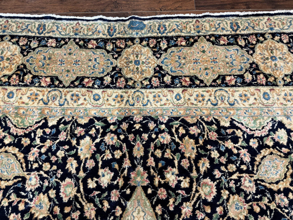 Large Persian Kerman Rug 10x14, Navy Blue and Beige, Floral Medallion, Traditional Elegant Persian Carpet, Signed by Masterweaver