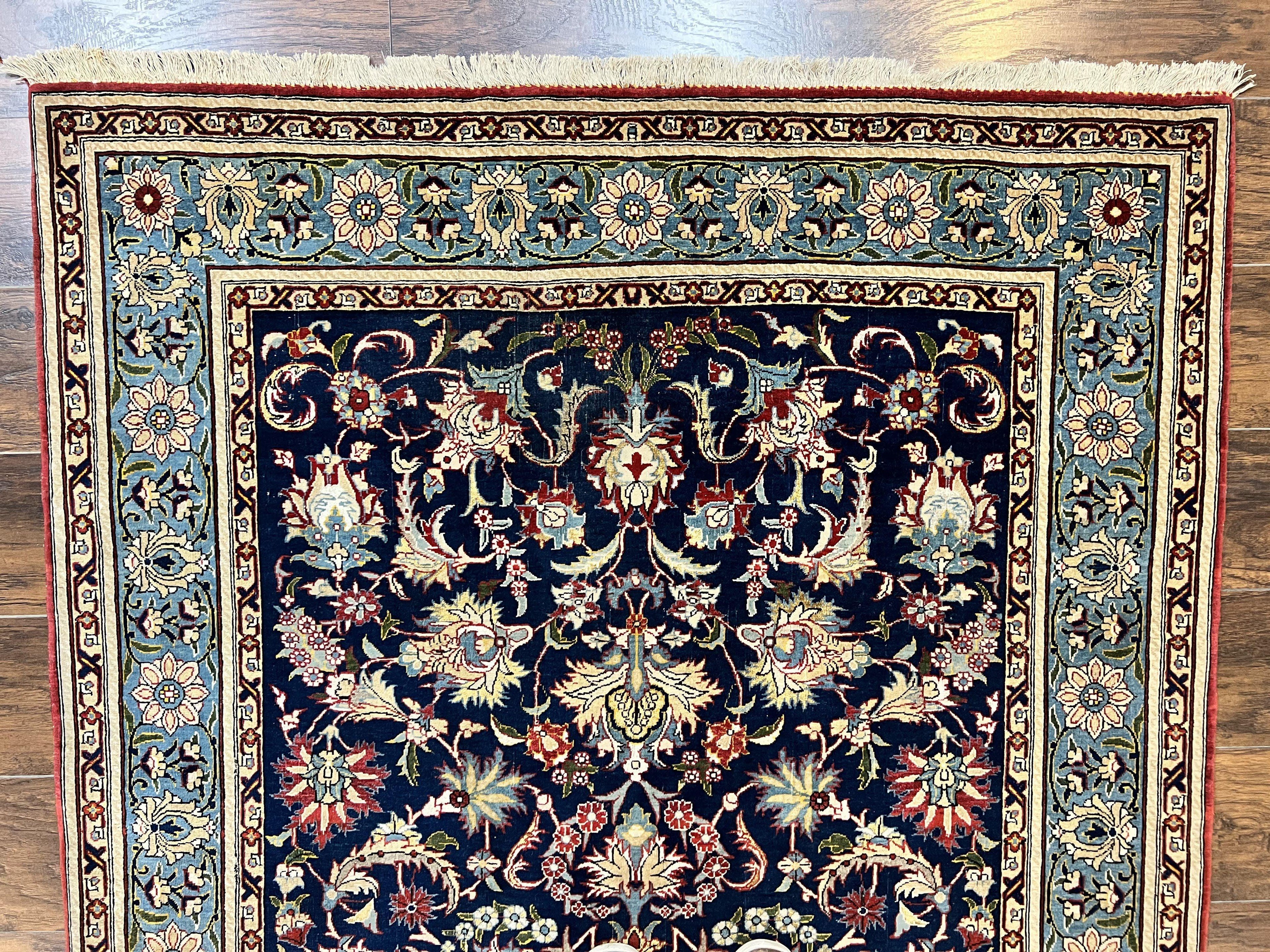 Blue Persian Qum Rug 5x7, Very Fine and Wonderful Authentic Persian Carpet, Wool Hand Knotted Vintage Semi Antique Oriental Rug, Floral, Ghom Qom Rug