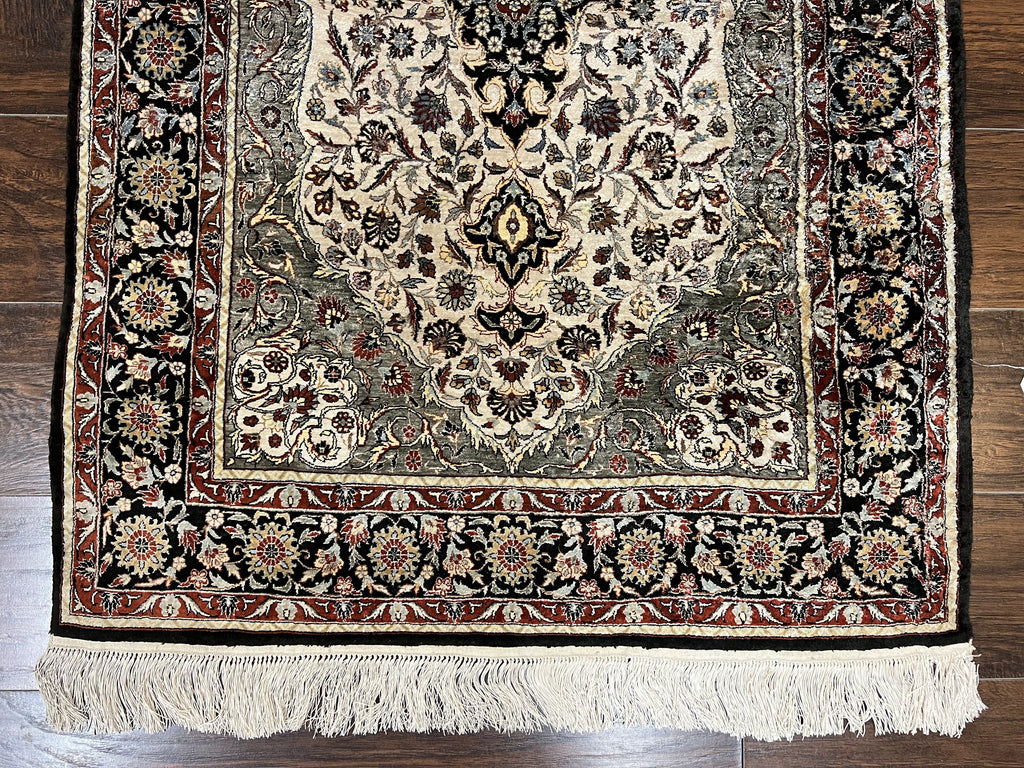 Silk Sino Persian Rug 3x5, Floral Medallion, Hand Knotted Silk Pile Silk Foundation, Traditional Silk Handmade Oriental Carpet, Cream Black