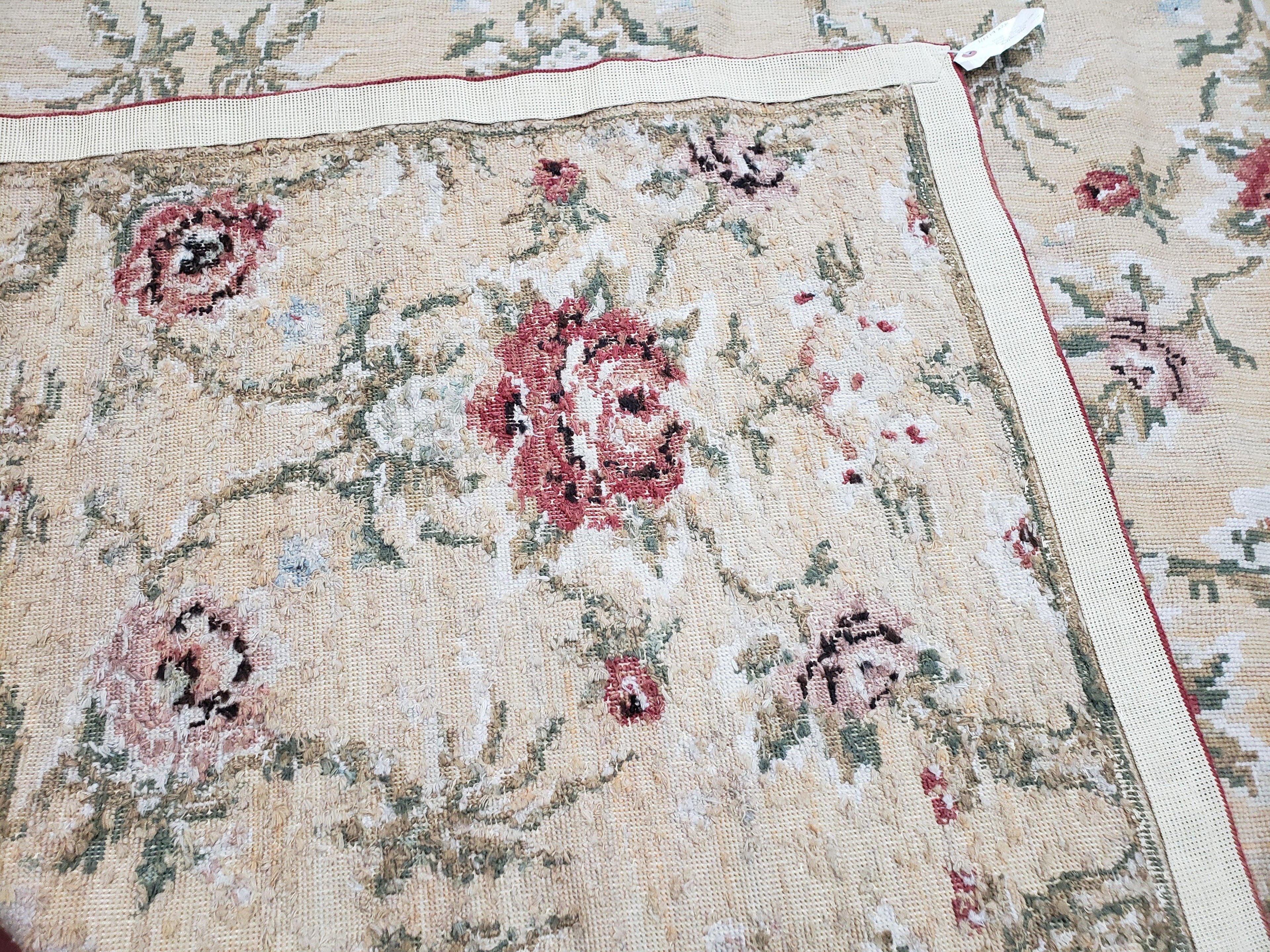 Needlepoint Rug 10x14 Wool Flatweave Carpet, English Floral Pattern, Pale Yellow, Roses, Allover Pattern, Handmade Large Needlepoint Nice