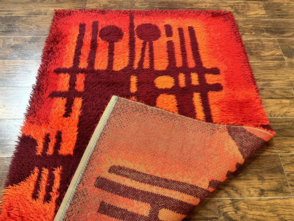 Danish Rya Shag Rug 4x6, Red Vintage Mid Century Retro Abstract Shag Rug