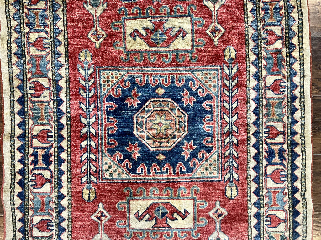 Turkish Kazak Rug 3x4, Wool Hand Knotted Small Vintage Carpet, Red Navy Blue, 3 x 4 Oriental Rug, Geometric Design