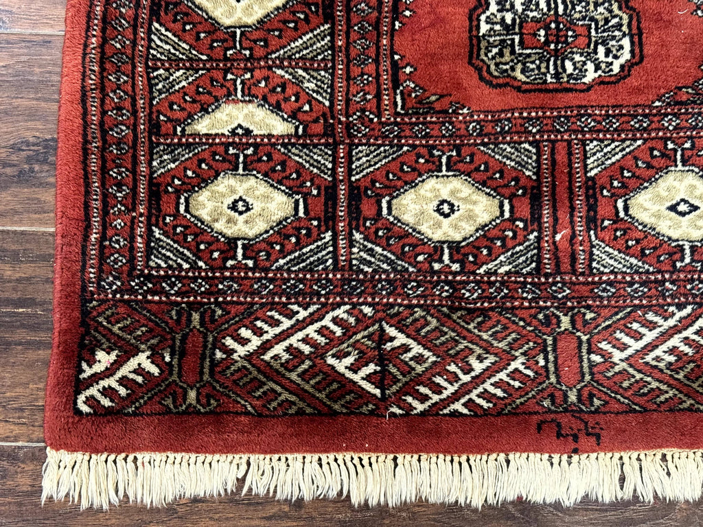 Red Pakistani Turkoman Rug 3x5, Bokhara Design, Vintage, Signed