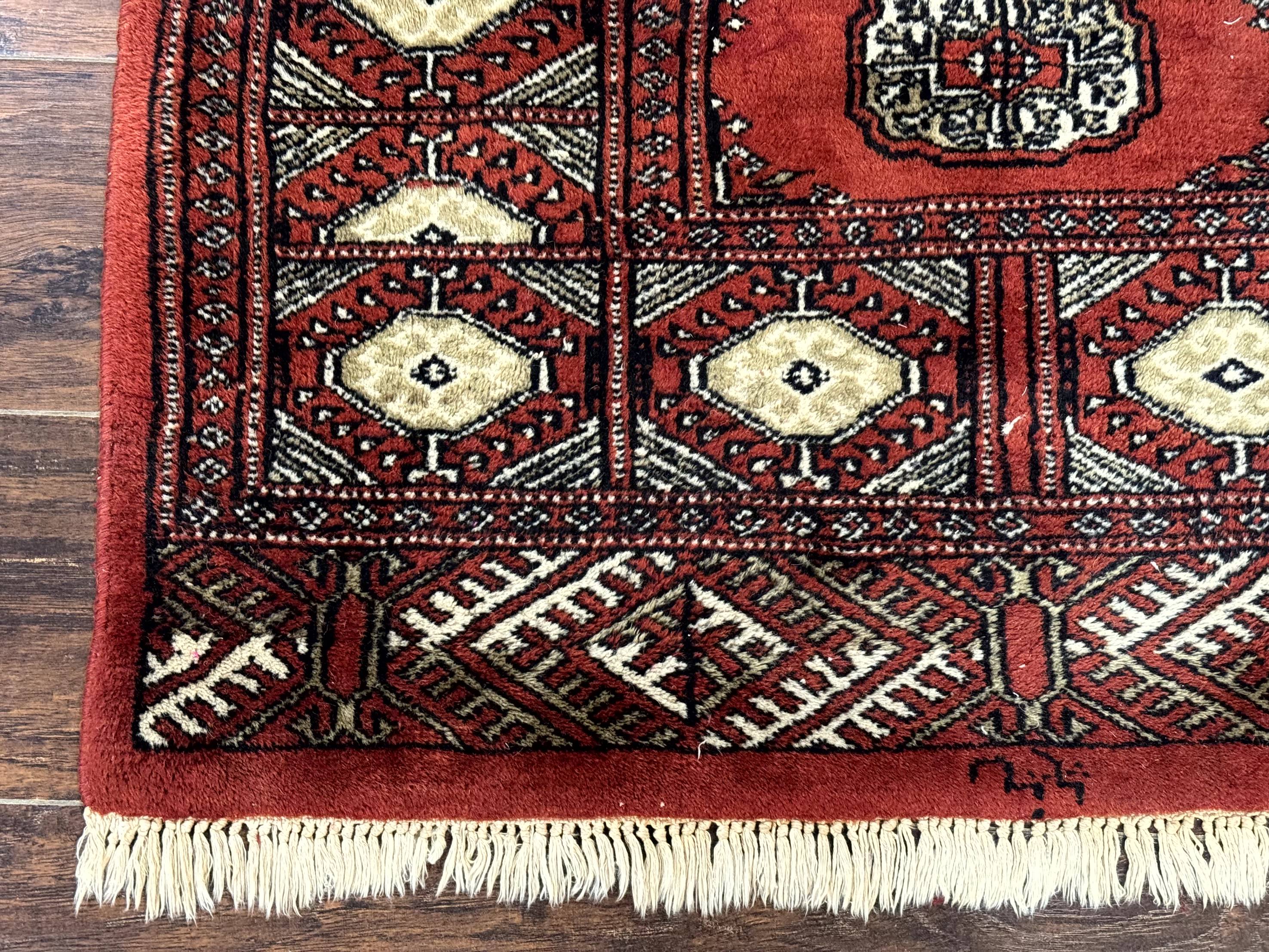 Red Pakistani Turkoman Rug 3x5, Bokhara Design, Vintage, Signed