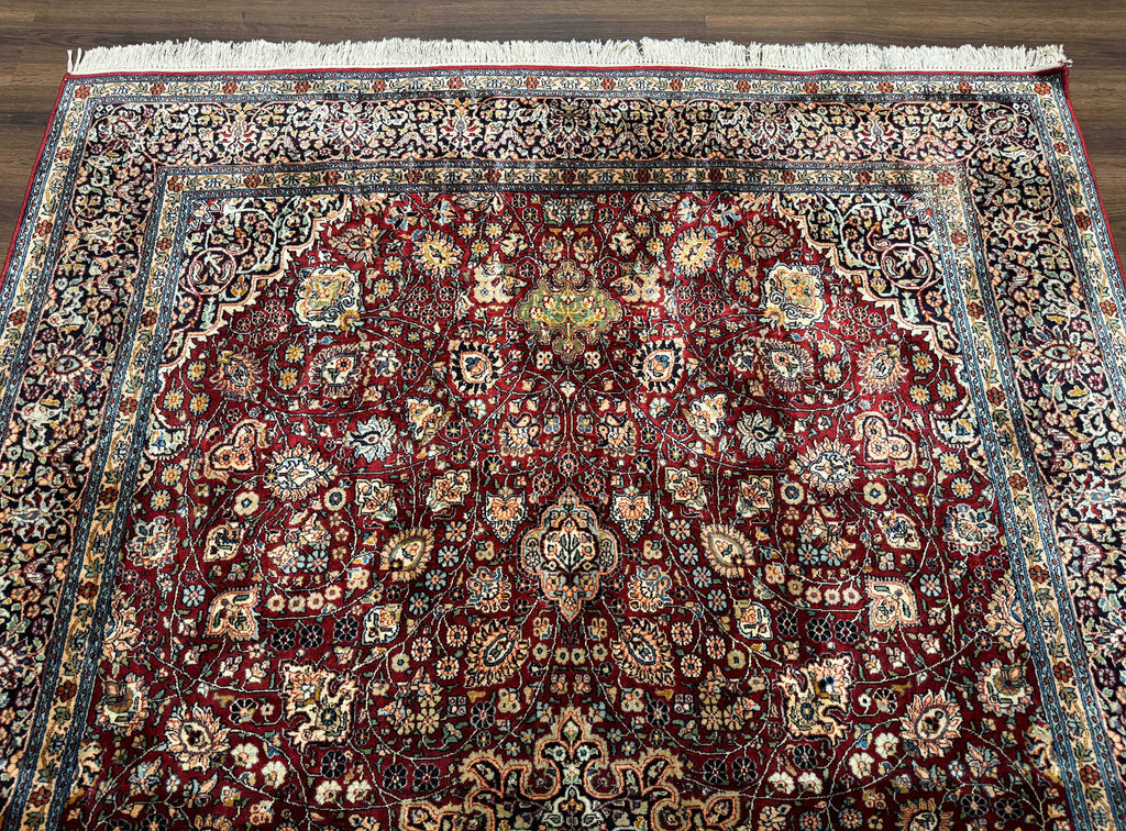 Indian Kashmiri Silk Rug 6x9, Red and Navy Blue, Floral Medallion, Fine 275 KPSI