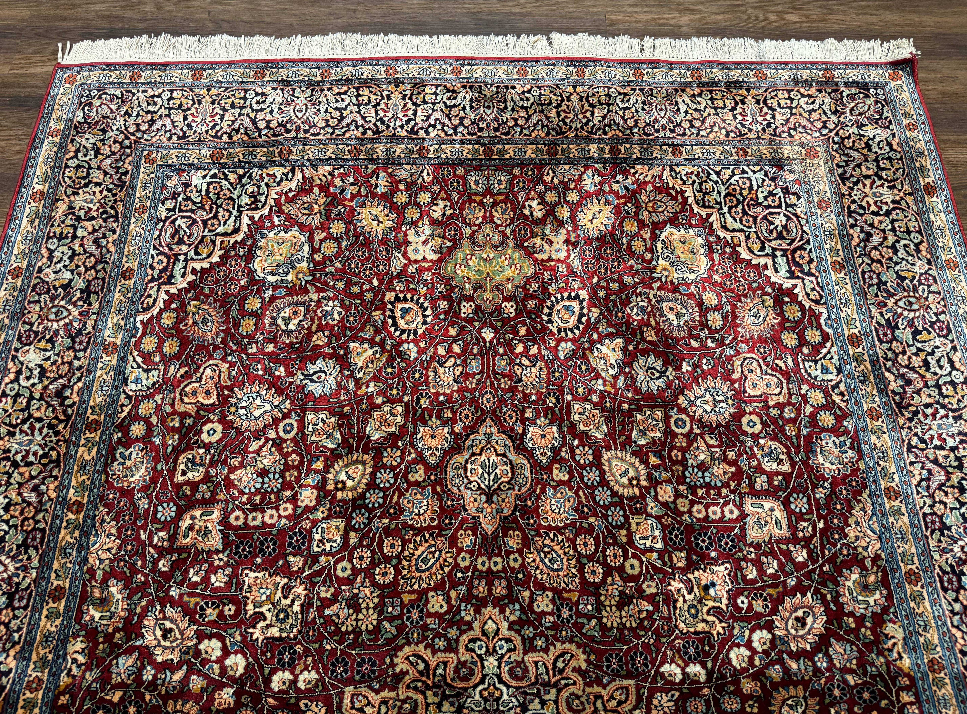 Indian Kashmiri Silk Rug 6x9, Red and Navy Blue, Floral Medallion, Fine 275 KPSI