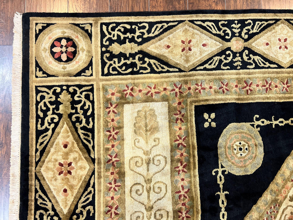 Tibetan Rug 8x10, Nepali Area Rug, Soft New Zealand Wool Carpet 8 x 10 ft, Black Tan Beige, Vintage Handmade Rug, French Aubusson Pattern