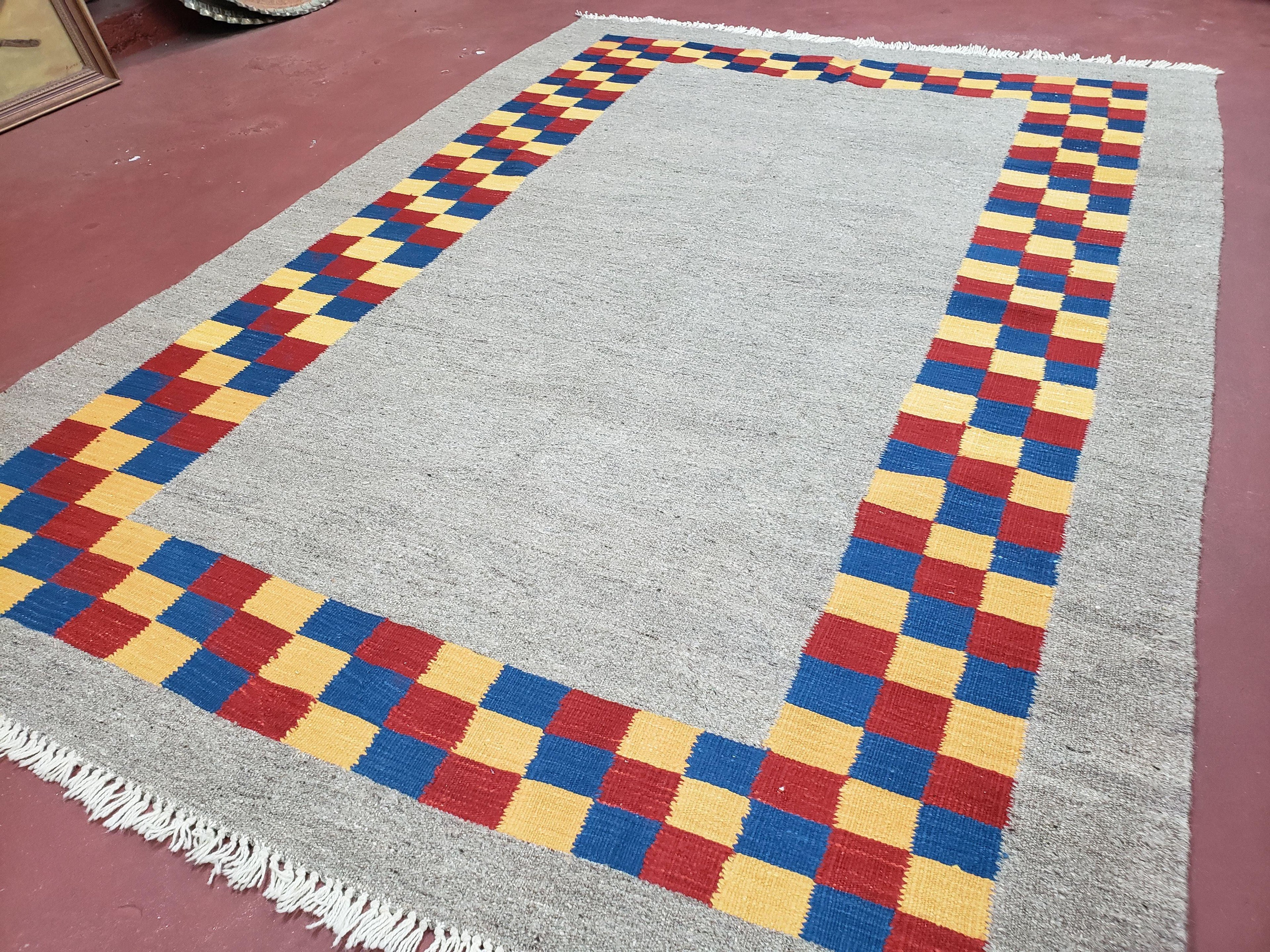 New Turkish Kilim Area Rug, Gray Carpet With Colorful Checker Border, 5'6" x 8", Flatweave Carpet, Playroom Rug, Kids Room Rug, Hand-Knotted