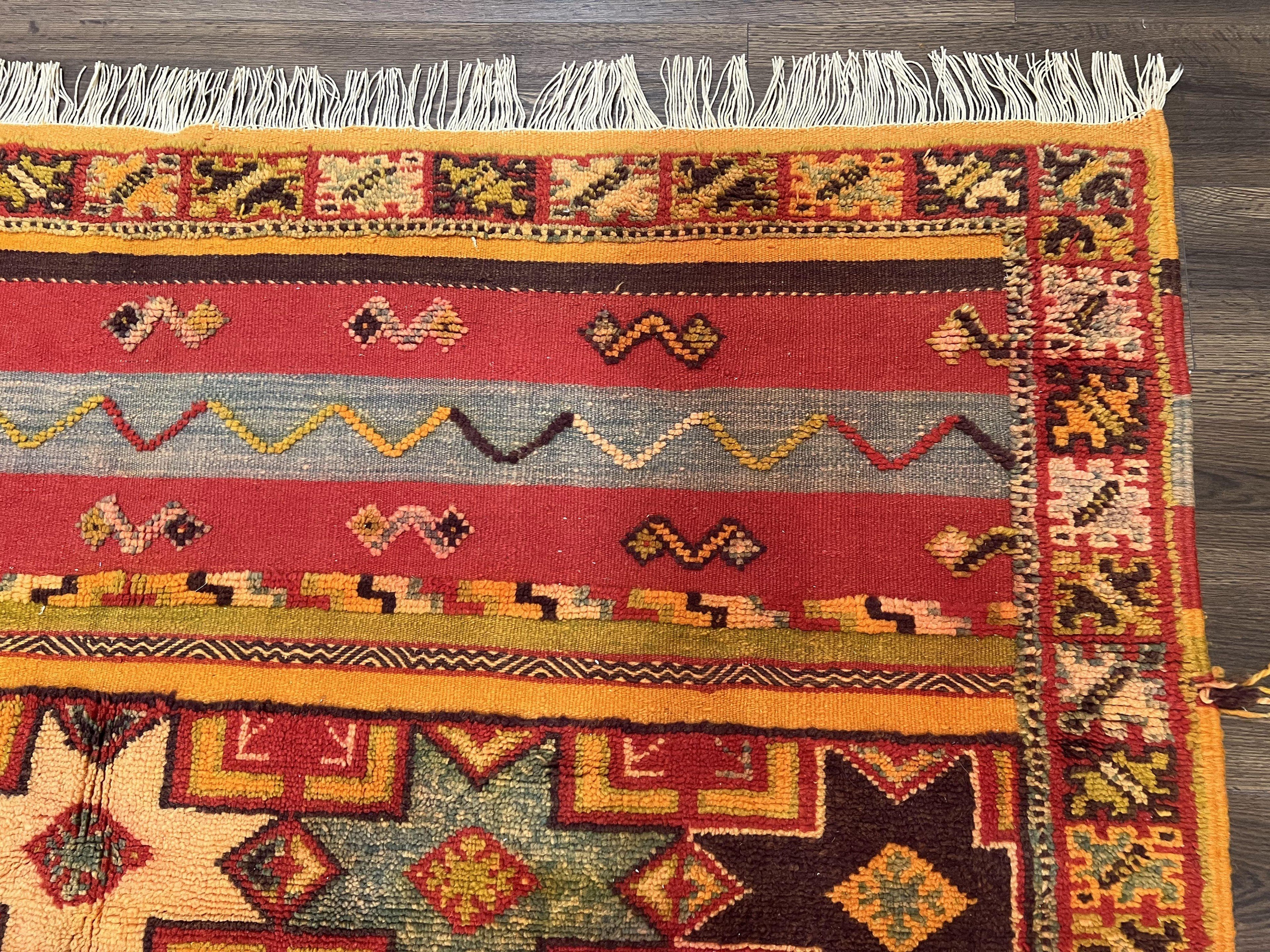 Unique Moroccan Rug 7x10, Room Sized Carpet, Red Orange Gray, Wool Oriental Striped Geometric Tribal Boho Rug, Flatweave with Raised Pile